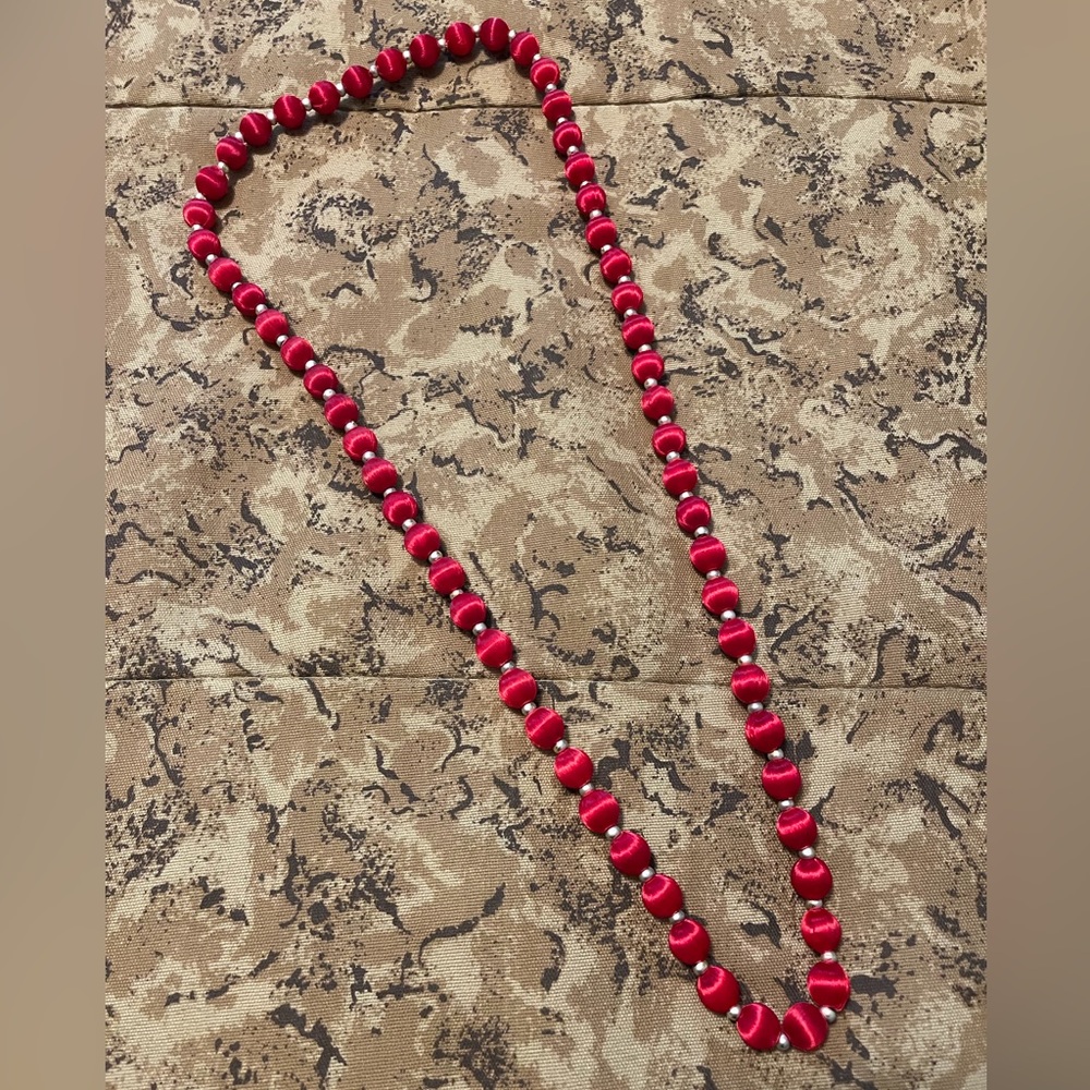 Vintage red satin & gold bead 30" necklace